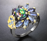 Серебряное кольцо с кристаллическим черным опалом, танзанитами и аметистами