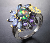 Серебряное кольцо с кристаллическим черным опалом, танзанитами и аметистами Серебро 925
