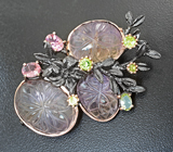 Серебряная брошь с резными аметринами 39,34 карата, розовыми турмалинами и перидотами Серебро 925