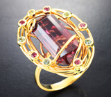Золотое кольцо с крупным арбузным турмалином 11,03 карата и сапфирами Золото