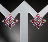 Яркие серебряные пусеты с родолитами и аметистами Серебро 925