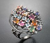 Серебряное кольцо с разноцветными турмалинами, голубыми топазами и иолитами Серебро 925