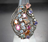 Серебряное кольцо с разноцветными турмалинами, голубыми топазами и иолитами