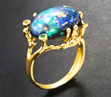 Золотое кольцо с кристаллическим черным опалом 8,47 карата, цаворитом и разноцветными сапфирами Золото