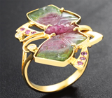 Золотое кольцо с резным розовым и «арбузными» турмалинами 6,09 карата, пурпурно-розовыми сапфирами и бриллиантами Золото