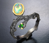 Серебряное кольцо с кристаллическим эфиопским опалом и диопсидом Серебро 925