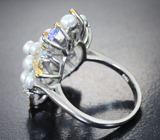 Изысканное серебряное кольцо с жемчугом, танзанитами и бесцветным кварцем Серебро 925