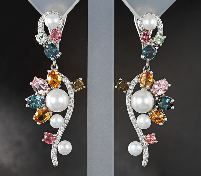 Праздничные серебряные серьги с жемчугом и разноцветными турмалинами