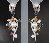 Праздничные серебряные серьги с жемчугом и разноцветными турмалинами Серебро 925