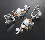 Праздничные серебряные серьги с жемчугом и разноцветными турмалинами Серебро 925