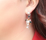 Праздничные серебряные серьги с жемчугом и разноцветными турмалинами Серебро 925