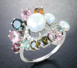 Праздничное серебряное кольцо с жемчугом и разноцветными турмалинами Серебро 925