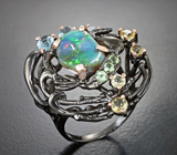 Серебряное кольцо с кристаллическим эфиопским опалом 4,67 карата, голубыми топазами, цитринами и перидотами