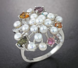 Серебряное кольцо с жемчугом и разноцветными турмалинами Серебро 925