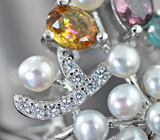 Серебряное кольцо с жемчугом и разноцветными турмалинами Серебро 925