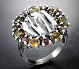 Серебряное кольцо с разноцветными турмалинами и родолитами