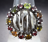 Серебряное кольцо с разноцветными турмалинами и родолитами Серебро 925