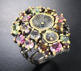 Серебряное кольцо с  разноцветными турмалинами 3,5 карата и альмандинами гранатами