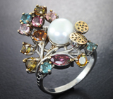 Праздничное серебряное кольцо с жемчужиной, разноцветными турмалинами и черными шпинелями Серебро 925