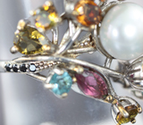 Праздничное серебряное кольцо с жемчужиной, разноцветными турмалинами и черными шпинелями Серебро 925