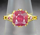 Золотое кольцо с ярко-красным насыщенным рубином 3,8 карата и сапфирами
