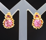 Золотые серьги с ярко-розовыми "неоновыми" шпинелями 3,9 карата, рубеллитами турмалинами и бриллиантами