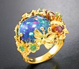 Массивное золотое кольцо с роскошным черным опалом 7,5 карата, разноцветными сапфирами, цаворитами гранатами и бриллиантами Золото
