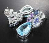 Великолепные серебряные серьги с голубыми топазами, аметистами, танзанитами и синими сапфирами