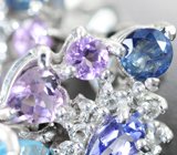 Великолепные серебряные серьги с голубыми топазами, аметистами, танзанитами и синими сапфирами