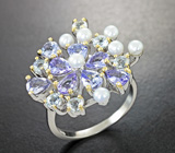 Роскошное серебряное кольцо с танзанитами, жемчугом и бесцветным кварцем Серебро 925
