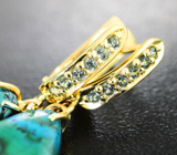 Крупные золотые серьги с редким контрастным азурмалахитом на змеевике 42,47 карата и сине-зелеными сапфирами Золото