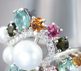 Праздничное серебряное кольцо с жемчугом и разноцветными турмалинами Серебро 925