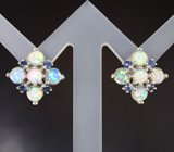 Эффектные серебряные серьги с кристаллическими эфиопскими опалами и синими сапфирами Серебро 925