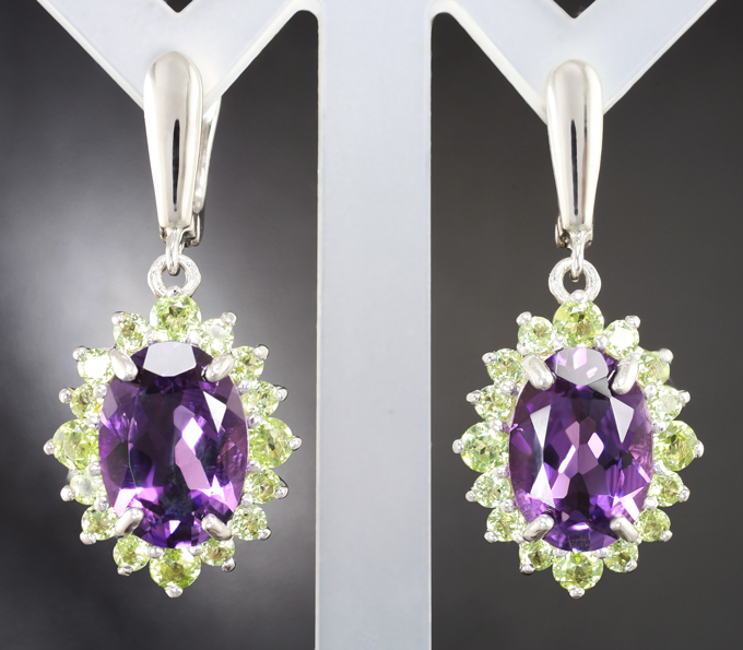 Серебряные серьги с аметистами 8,94 карата и перидотами