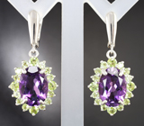 Серебряные серьги с аметистами 8,94 карата и перидотами