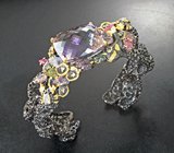 Серебряный браслет с аметрином 46,39 карата, резными турмалинами, танзанитами и синим сапфиром