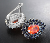 Великолепные cеребряные серьги с ограненными опалами и синими сапфирами Серебро 925