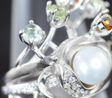 Оригинальное серебряное кольцо с жемчужиной и разноцветными турмалинами Серебро 925