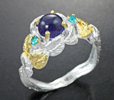 Серебряное кольцо с синим сапфиром 1,88 карата и «неоновыми» апатитами