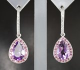 Превосходные крупные серебряные серьги с аметистами, родолитами и бесцветными топазами