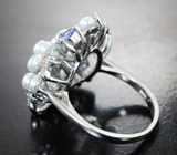 Роскошное серебряное кольцо с жемчугом, танзанитами и бесцветным кварцем Серебро 925