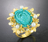 Авторское золотое кольцо с резной армянской бирюзой 10,7 карата, жемчугом и бриллиантами Золото