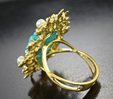 Авторское золотое кольцо с резной армянской бирюзой 10,7 карата, жемчугом и бриллиантами