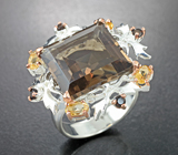 Серебряное кольцо с дымчатым кварцем 12,52 карата и цитринами Серебро 925