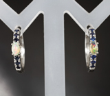 Изящные серебряные серьги с кристаллическими эфиопскими опалами и синими сапфирами Серебро 925