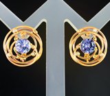 Золтые серьги с васильковыми танзанитами безупречной огранки 2,26 карата и бриллиантами