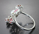 Чудесное серебряное кольцо с жемчужиной, разноцветными турмалинами и черными шпинелями Серебро 925