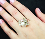 Чудесное серебряное кольцо с жемчужиной, разноцветными турмалинами и черными шпинелями Серебро 925