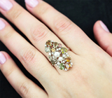 Крупное серебряное кольцо с жемчугом и разноцветными турмалинами