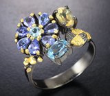 Серебряное кольцо с танзанитами, цитрином и голубыми топазами